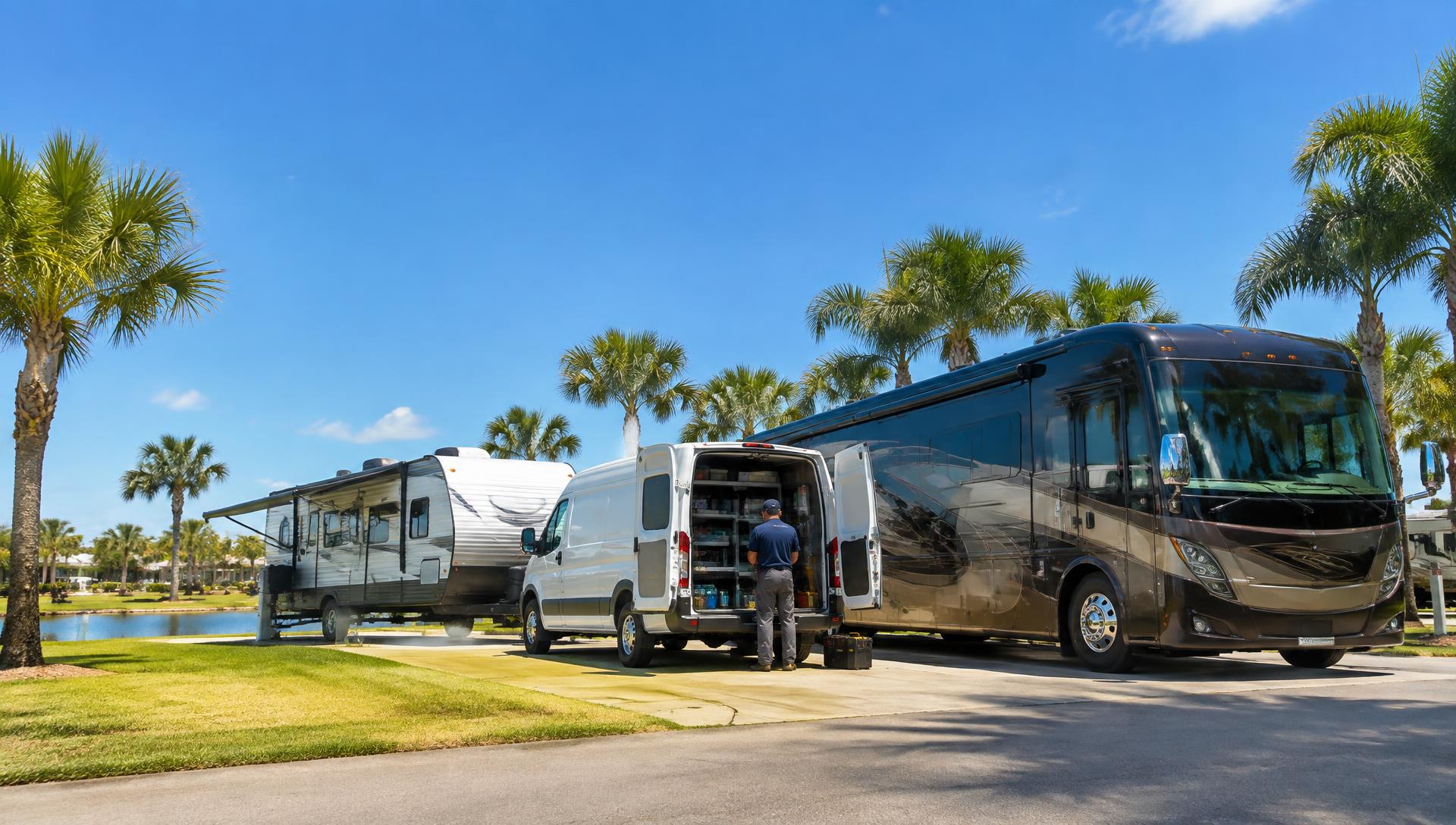 MY RV Services van working beside a motorhome and travel trailer at a Central Florida RV resort