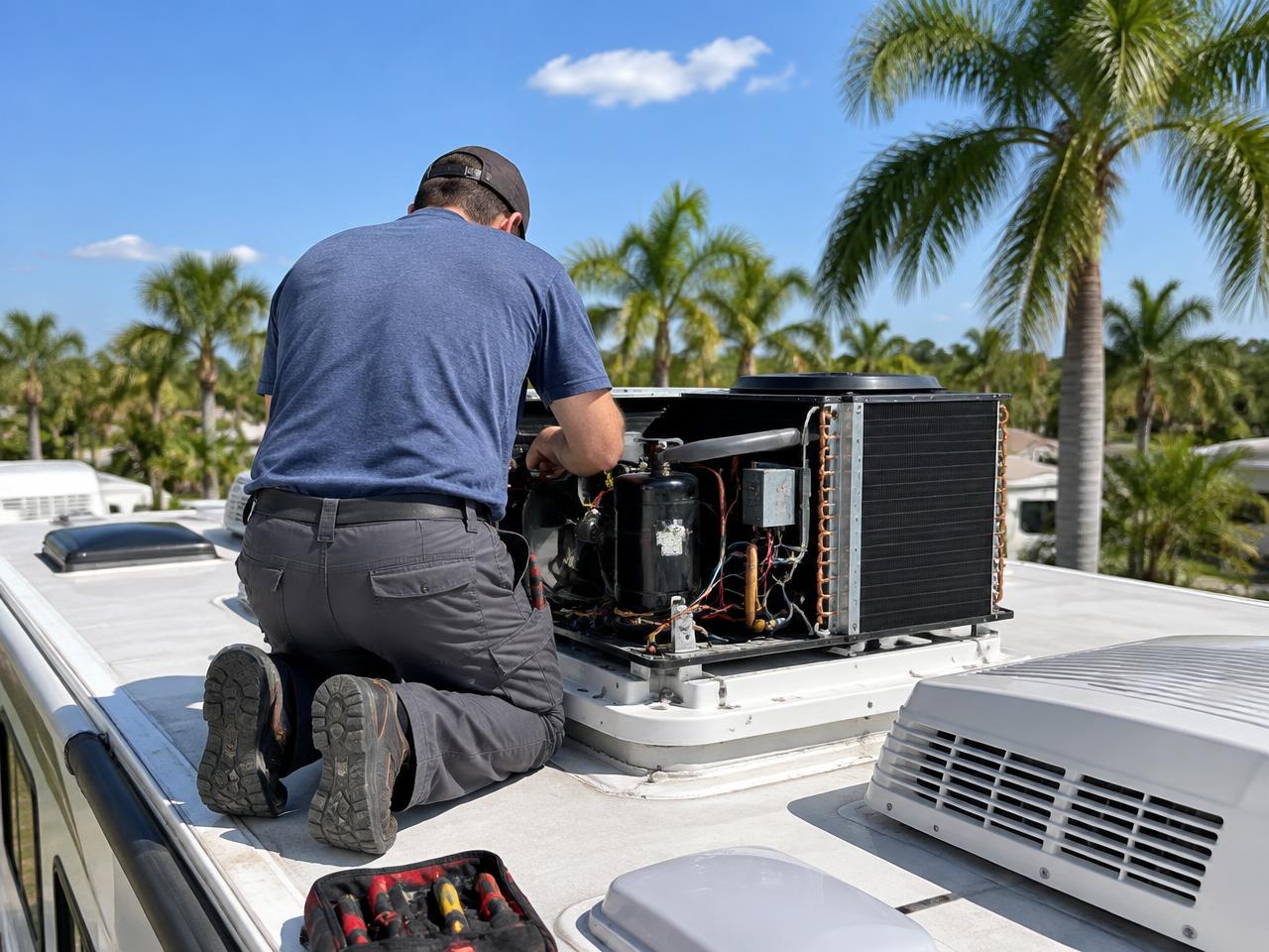 Technician servicing a rooftop RV air conditioner