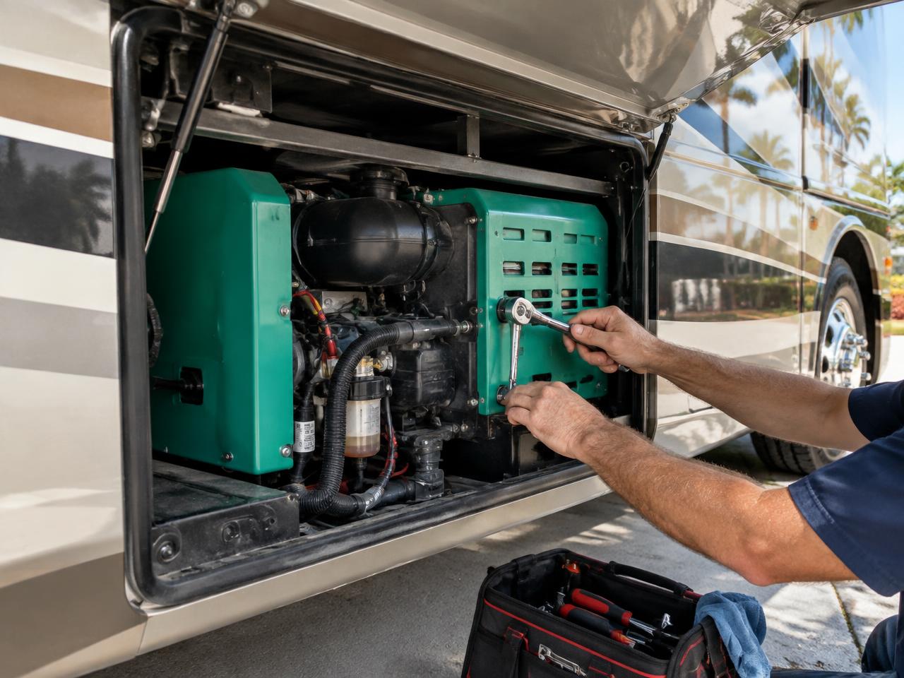 Technician servicing an onboard motorhome generator