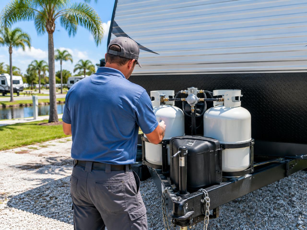 Technician inspecting LP tanks and regulator on a travel trailer