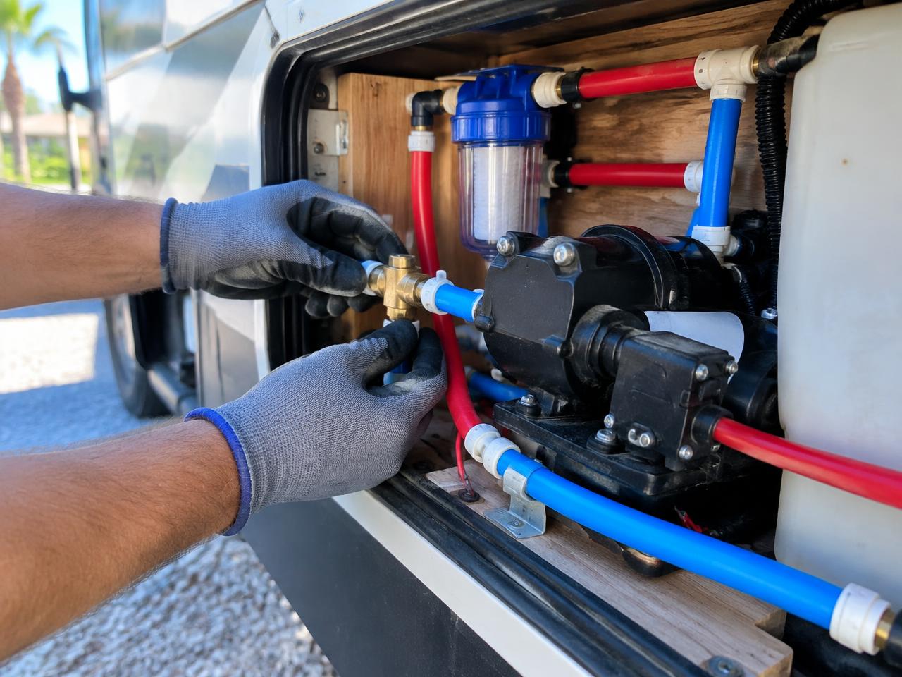 Technician repairing RV water lines and pump in a utility compartment