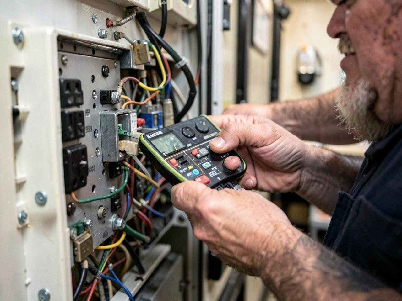 Technician running diagnostics on an RV electrical system
