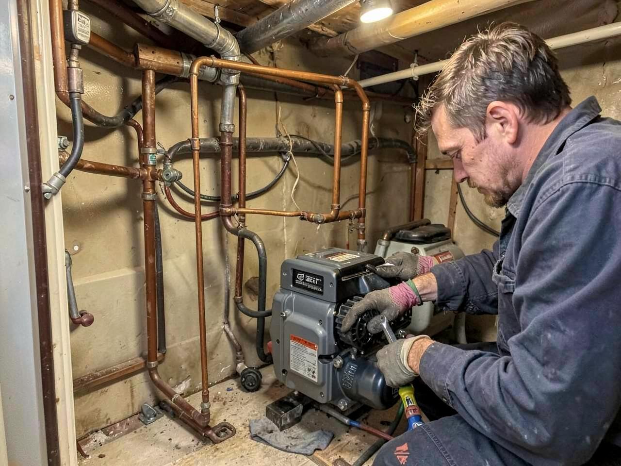 Technician servicing a hydronic heating unit and coolant lines