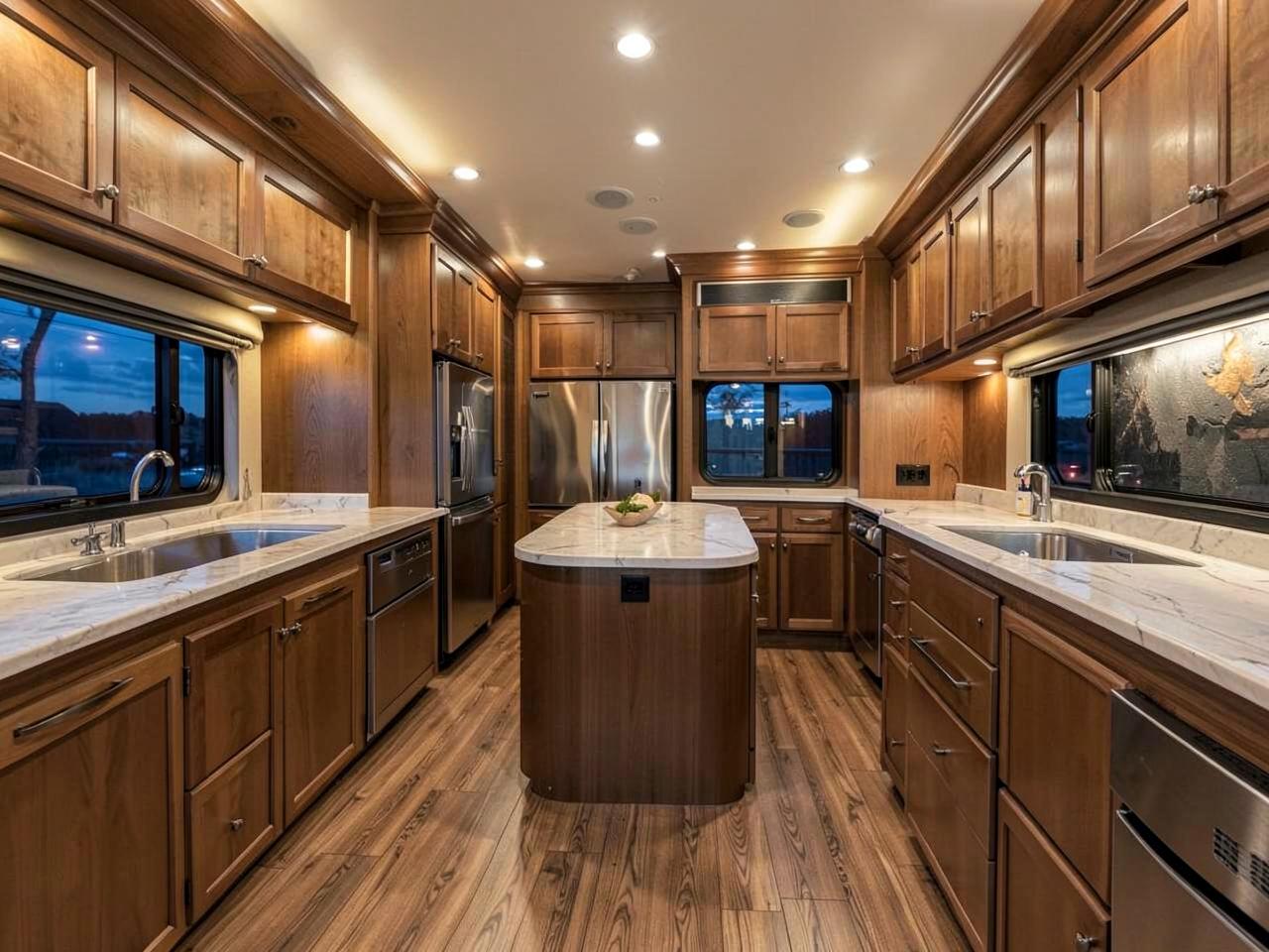 RV kitchen appliances and cabinetry inside a motorhome