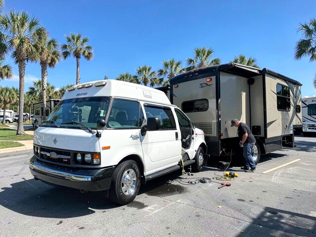Mobile service call beside a fifth wheel at an RV park