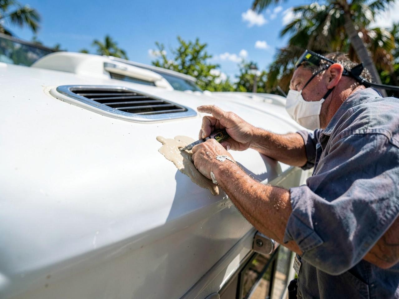 Technician resealing an RV roof around a roof vent