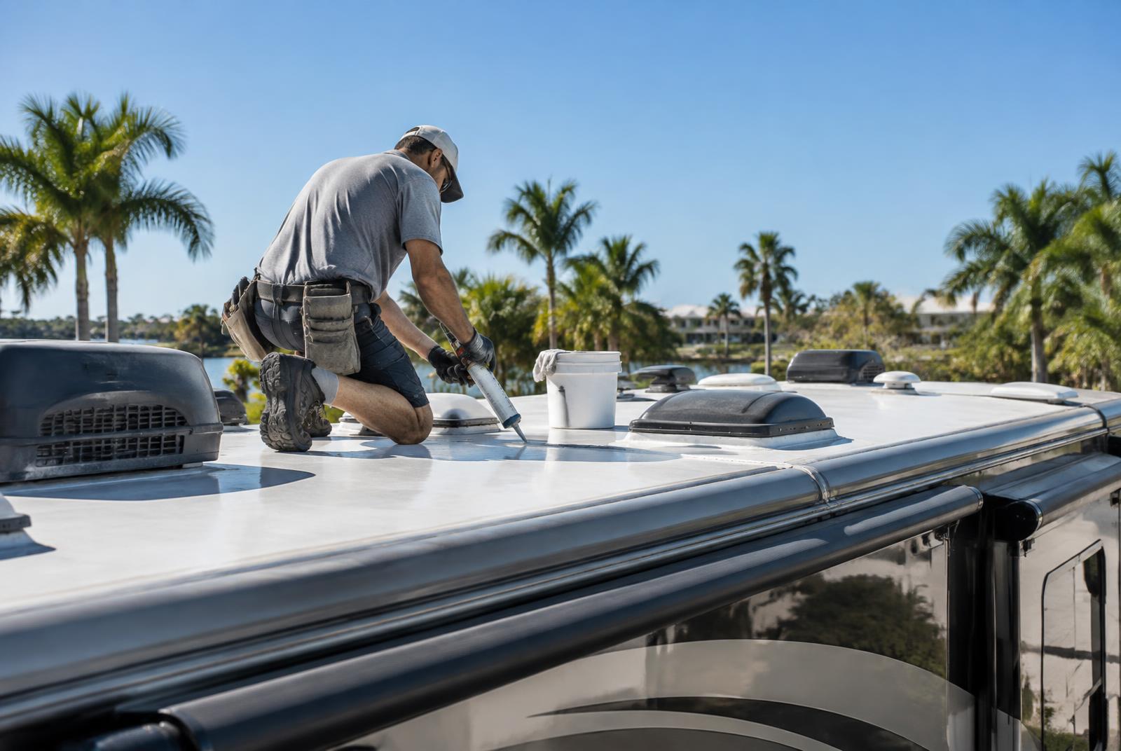 Technician resealing an RV roof in Florida