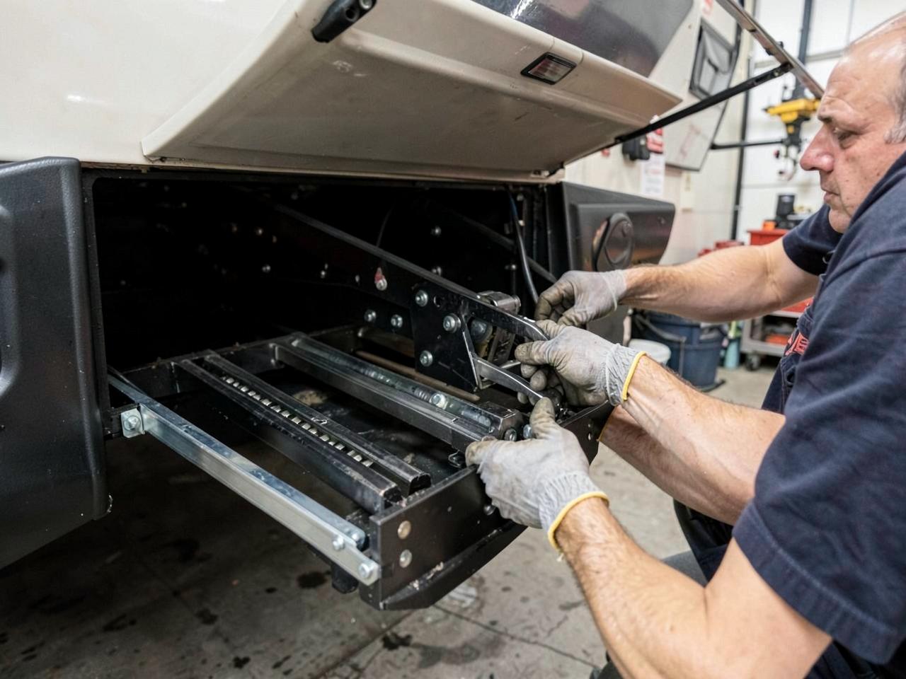 Technician servicing an RV slide-out rack mechanism