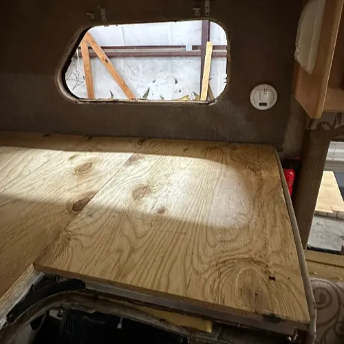 Large RV floor panel rebuilt in the service bay